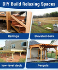 DIY build relaxing spaces with railings, elevated deck, low-level deck, and pergola using 6 Pack 6x6 Post Base for Concrete Installations.