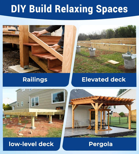 DIY build relaxing spaces with railings, elevated deck, low-level deck, and pergola using 6 Pack 6x6 Post Base for Concrete Installations.