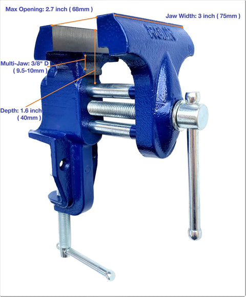 Handy 3 Inch Woodworking Vise Clamp For Home Shop Portable Table Vise With Easy Clamp On Steel Slide Rail Multi Jaw Function Built In Pipe Jaws Blue Finish