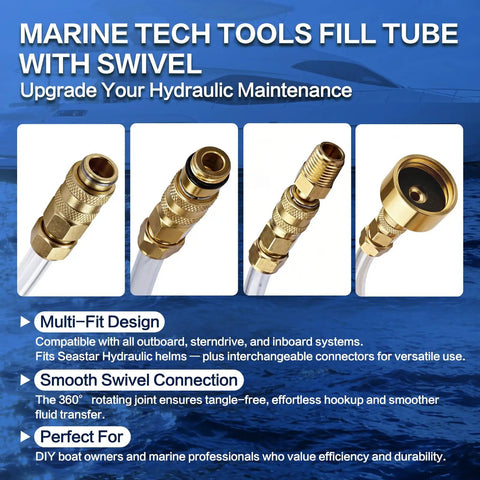 Upgraded 2026 Hydraulic Steering Bleed Kit For Boats, 21.6 Inch System, brass swivel fittings close-up, clear tube