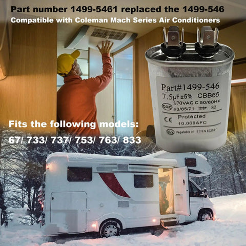 Heavy Duty Drop In Replacement Fan Capacitor For RV Air Conditioner Replacement 7.5 Microfarad 370 VAC 50 60 Hz Oval Metal Through Hole Mount Fits 67 733 737 753 763 833 Models Durable Easy Install Low Noise