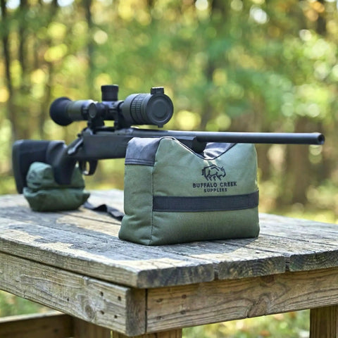All Weather Front And Rear Shooting Bag Combo For Target Practice And Bench Rest Use Durable Olive Drab Bags For Hunting AR-15 AR-10 Shotgun And Pistol Unfilled And Ready To Fill in outdoor setup with rifle on wooden bench