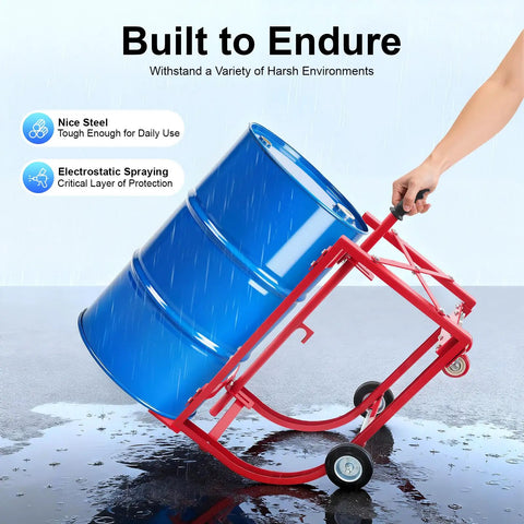 Heavy Duty Steel Drum Cradle For 55 Gallon Drums On Wheels Supports Up To 600 Lbs Portable Stand red steel cradle moving a blue 55-gallon drum