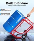 Heavy Duty 55 Gallon Drum Dolly With Wheels 600 Lbs Capacity Steel Plant Dolly For Moving Barrels Rust Resistant And Corrosion Proof Retractable Drawbar For Easy Loading And Unloading Workhorse Pro Grade red steel dolly moving blue 55-gallon drum in wet conditions