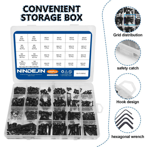 580 Piece Metric Screw Kit Pro Grade With M2 M3 M4 M5 Button Head Screws Bolts Nuts And Washers In 12 9 Carbon Steel storage box