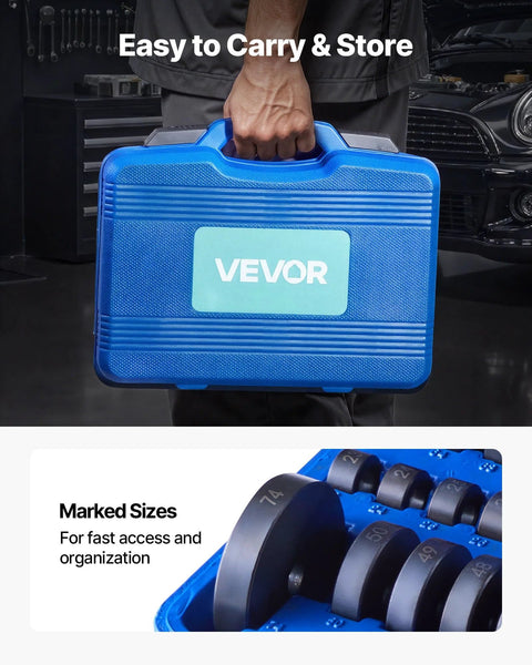 Front view of a blue VEVOR tool case with 52-piece bushing bearing and seal driver set and 16-piece puller kit