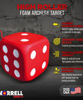 High Roller Foam Archery Target Cube With 21 Bullseyes, six-sided red foam cube with rope handle against a textured background.