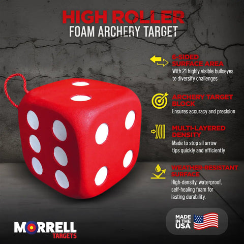 High Roller Foam Archery Target Cube With 21 Bullseyes, six-sided red foam cube with rope handle against a textured background.