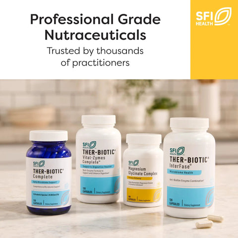 SFI Health professional grade nutraceuticals including Ther-Biotic Complete and Magnesium Glycinate Complex on a counter.