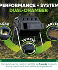 Canadian Made 37 Gallon Dual Chamber Tumbling Composter With 100 Percent Recycled Resin Eco Friendly Outdoor Rotating Bin For Garden Kitchen And Yard Waste Black Finish, shown with dual chamber feature for efficient composting.