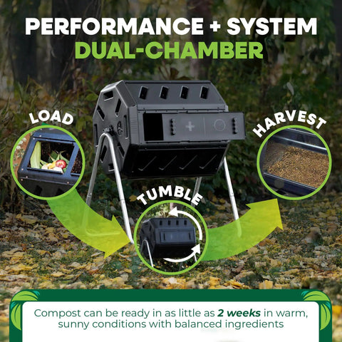 Canadian Made 37 Gallon Dual Chamber Tumbling Composter With 100 Percent Recycled Resin Eco Friendly Outdoor Rotating Bin For Garden Kitchen And Yard Waste Black Finish, shown with dual chamber feature for efficient composting.