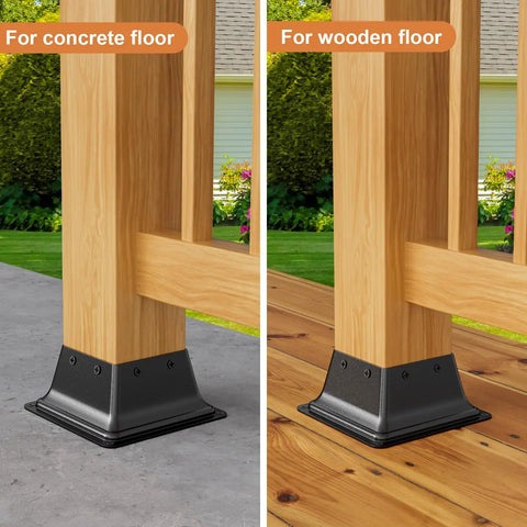 Built Tough 4x4 Post Base Bracket Set 10 Pack For Wood Posts Internal 3.6 By 3.6 Inches Powder Coated Steel Deck Porch Handrail Support With Screws And Mounting Hardware installed on concrete and wooden floors