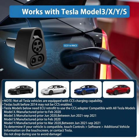 Plug And Go Ccs1 To Nacs Adapter For Tesla Model 3 And Model Y, showcasing compatibility with Tesla models.