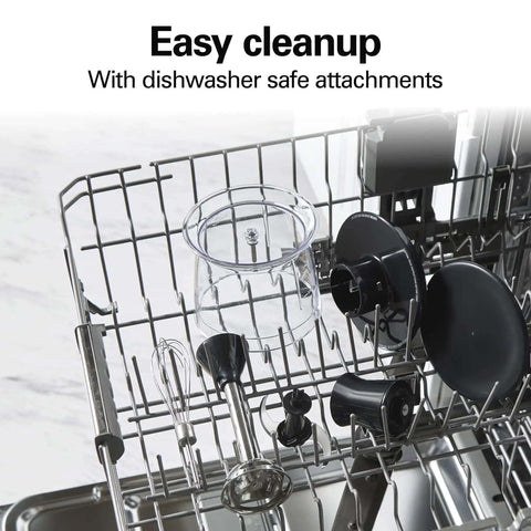 Kickass 4 In 1 Electric Immersion Hand Blender With Whisk And 3 Cup Vegetable Chopper Bowl in dishwasher safe rack with attachments.