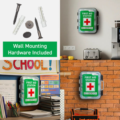 Large wall-mount first aid cabinet with tilting shelves; mounting hardware included