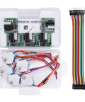 Front view of five 28BYJ-48 5V stepper motors with ULN2003 driver boards and colorful wiring in a plastic case.