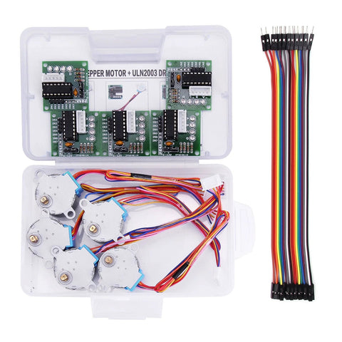 Front view of five 28BYJ-48 5V stepper motors with ULN2003 driver boards and colorful wiring in a plastic case.