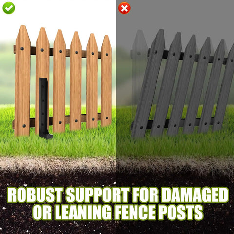Image of a wooden fence with a metal anchor supporting a tilted post. Two Pack Heavy Duty Metal Fence Post Repair Kit With Ground Spike Anchors For Tilted Or Broken Posts Quick Setup For Versatile Garden And Backyard Use.