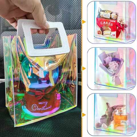 Holographic Gift Bags With Handles And Tissue Paper Sheets Included, iridescent reusable purple gift bag, 8x7x4 inches, displayed with gifts