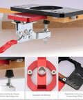 Close-up of 35mm hinge jig for cabinet doors, precision drilling guide, rugged aluminum alloy build, adjustable for accurate installations.