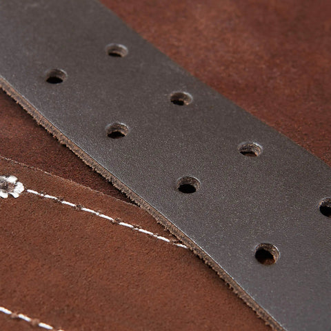Close-up of 12 Pocket Oil Tanned Leather Tool Belt for Builders and DIYers showing durable material and stitching detail.
