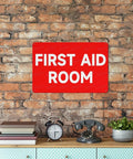 First Aid Room 8x12 Aluminum Safety Sign For Indoor Outdoor Use, Medical Emergency Facility Plaque on brick wall