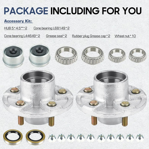Trailer Wheel Idler Hub Kit 5 Hole 4.5 Inch Bolt Idler Hub For 3500 Lb Trailer Axles Fit One And One Sixteenth Inch To One And Three Eighths Inch Tapered Shaft Heavy Duty Hot Dip Galvanized Set Of Two Not For Straight Shaft package contents.