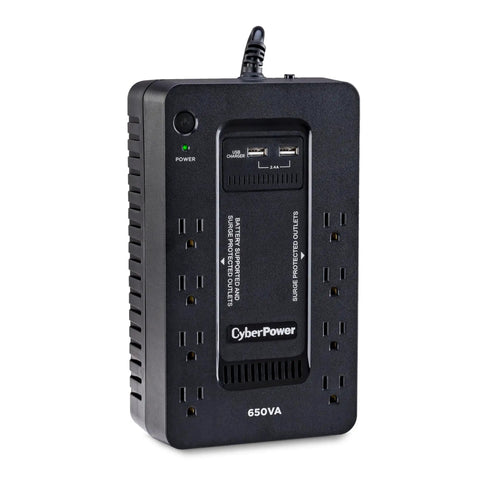 650 VA UPS Battery Backup with Eight Outlets for Home Office, featuring long power cord and external form factor, sealed lead acid battery