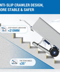 XSTO CT150PB Heavy Duty Electric Stair Climber W/ 330 Lb Load Cap on stairs highlighting anti-slip crawler and step limitations.