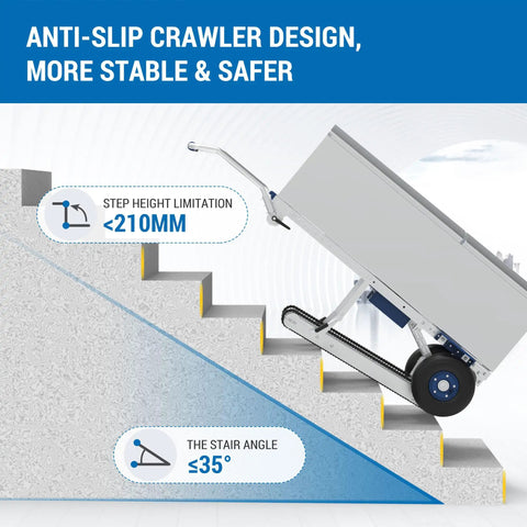 XSTO CT150PB Heavy Duty Electric Stair Climber W/ 330 Lb Load Cap on stairs highlighting anti-slip crawler and step limitations.