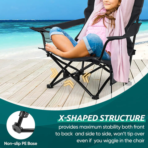 Woman sitting on Two Pack Foldable Beach Chairs Set For Outdoors with Cup Holders and Storage Bags, X-shaped structure on beach