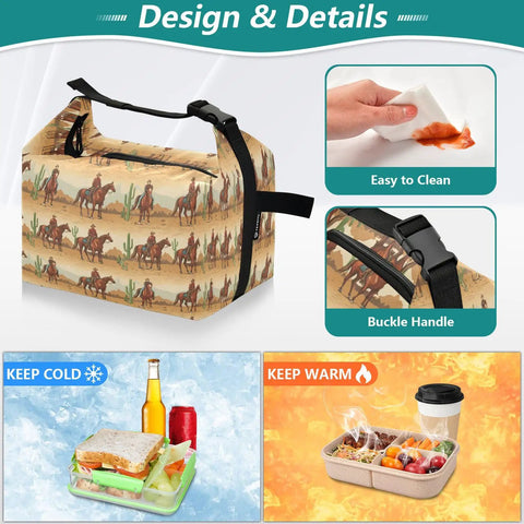 Cowboy Themed Lunch Bag Insulated Tote For Everyday Grub, leakproof with buckle handle, easy to clean design, large capacity