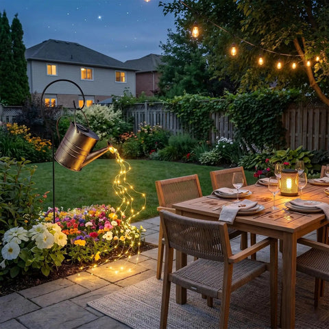 Solar Powered Watering Can Fountain With Cascading Warm White Fairy Lights For Outdoor Gardens And Yards Waterproof Metal Fountain Yard Patio Lawn Ornament That Delivers A Chill Nighttime Glow beside a dining table.
