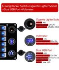 Beefy 12V Marine Rocker Switch Panel 6 Gang With Blue LED Waterproof Toggle Control showing voltmeter and USB charger