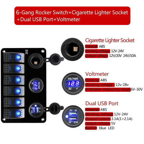 Beefy 12V Marine Rocker Switch Panel 6 Gang With Blue LED Waterproof Toggle Control showing voltmeter and USB charger