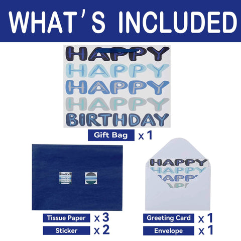 Extra Large 16.5 Inch Blue Birthday Gift Bag Set With Handles Including Greeting Card Tissue Paper And Stickers For Men Women Boys Girls Teens Kids Word Design With Happy Birthday Theme That Feels Totally Fun And Gift Ready