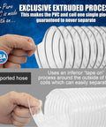 Hand holding Clear 4 Inch Dust Collection Hose With 4 Thumbscrew Clamps See Through PVC Dust Collector Hose Built Tough With Carbon Steel Wire Puncture Resistant 10 Foot Length Proudly Made In USA with extruded PVC process versus imported hose with tape-on process.