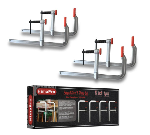 12 Inch Heavy Duty Bar Clamp Set Four Pack Built Tough Drop Forged Steel F Clamps With 1200 Lb Load Capacity And 4 3 Quarter Inch Throat Depth For Welding Woodworking And Metalworking Projects. 4 clamps and box