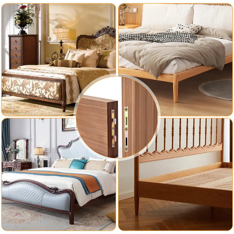 Heavy Duty Metal Bed Rail Fasteners 5 Inch Beefy Bed Frame Connectors With Lock Down Screws viewed in various wooden bed setups.