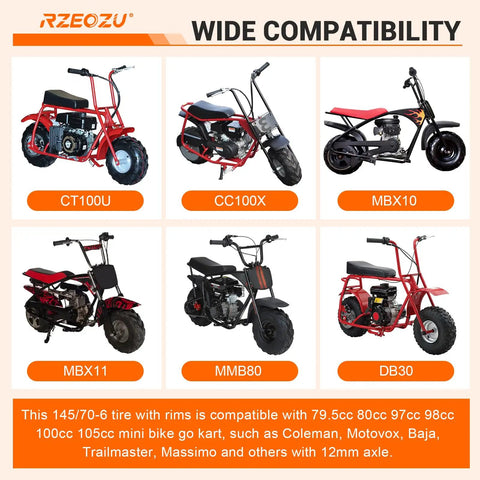 145/70-6 Mini Bike Tire + Rim Kit Coleman ✓