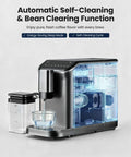 Close-up of Top Shelf Automatic Espresso Machine With Built In Grinder And Rapid Milk Frother, showing self-cleaning function and water flow.