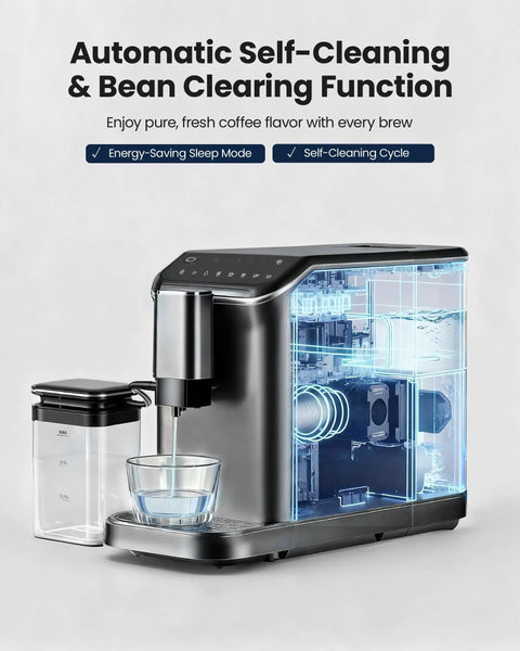 Close-up of Top Shelf Automatic Espresso Machine With Built In Grinder And Rapid Milk Frother, showing self-cleaning function and water flow.