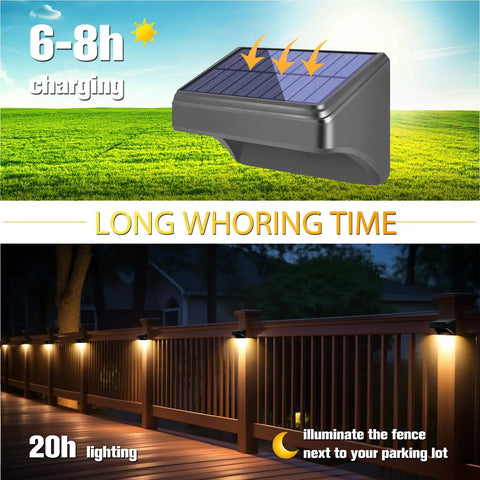 Outdoor solar fence lights illuminating a wooden fence at night, showcasing 8 Color Solar Fence Lights Kit With 4 Modes.