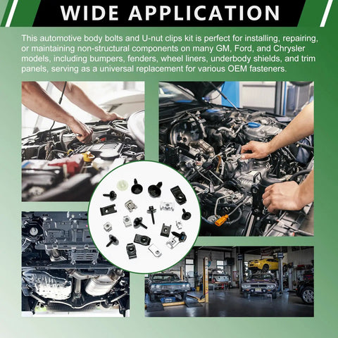 WIDE APPLICATION of Built Tough 360 Piece Auto Body Bolt And UNut Clip Kit with diverse fasteners and installation examples.