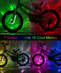 Rechargeable Bike Wheel Lights A16 Lit Seven Color LED Spoke Lights showcasing multiple colors and modes on a bicycle.