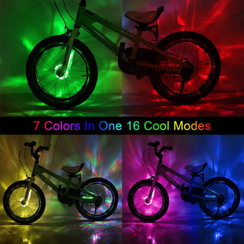 Rechargeable Bike Wheel Lights A16 Lit Seven Color LED Spoke Lights showcasing multiple colors and modes on a bicycle.