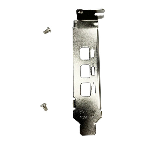 Solid Three Port Low Profile Short Bracket For Nvidia Quadro P400 And T400 Graphics Cards Featuring Mini DisplayPort Ports Plus Two Mounting Screws.