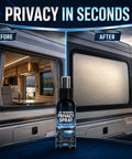 Glass Frosting Spray 30ml Portable Anti-Glare Privacy Liquid showcased on RV window, demonstrating before and after frosted effect.