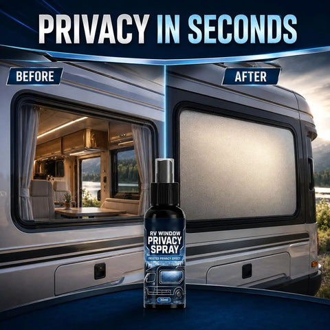 Glass Frosting Spray 30ml Portable Anti-Glare Privacy Liquid showcased on RV window, demonstrating before and after frosted effect.
