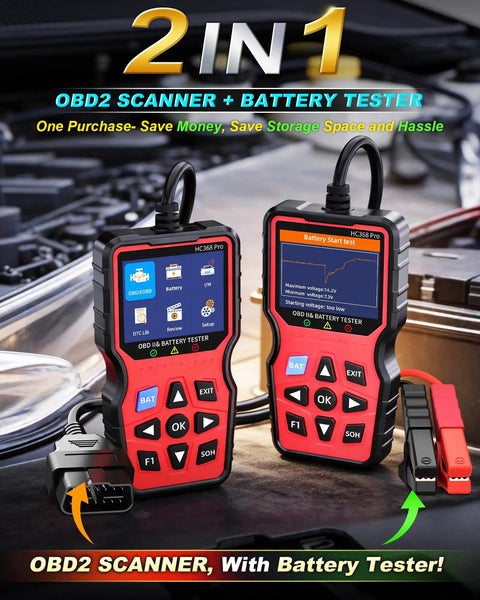 All In One OBD2 Scanner With Battery Tester and cables on engine background